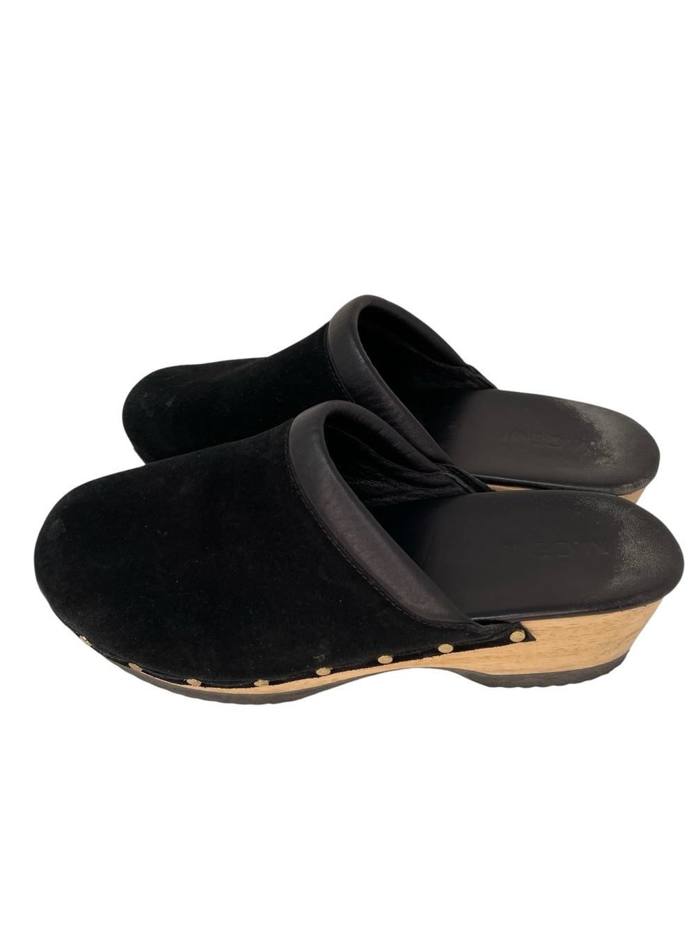 M. Gemi Clogs Slip On Shoes Black Velvet Wooden Heel Stud Accents 39.5